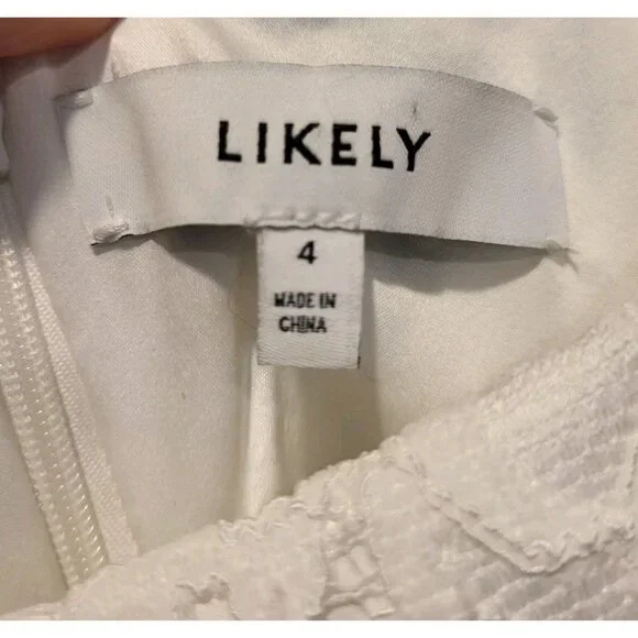 Likely Mari White Midi Dress Sz 4 Sleeveless Lace Feathers Empire Waist - Picture 8 of 9